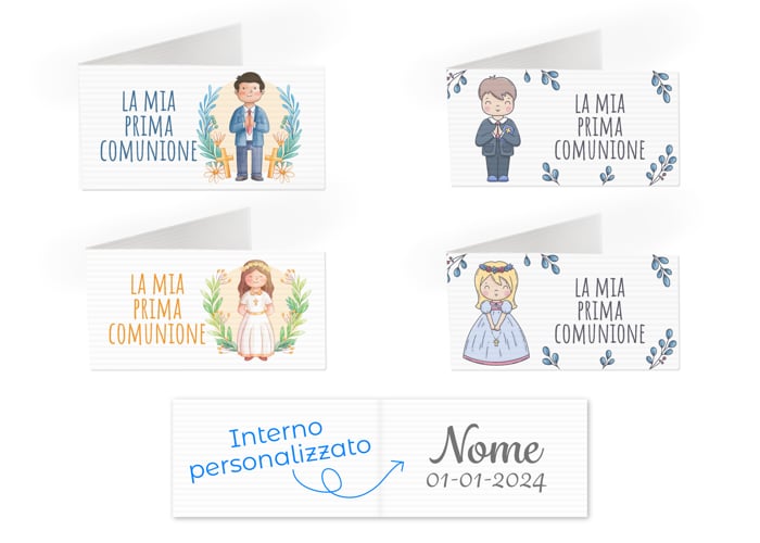 Bigliettini per bomboniera comunione: 4 design disponibili e personalizzazione nella parte interna